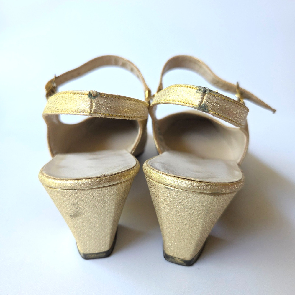 Vintage 60s Gold Kitten Heels Size 6.5 Strappy Dan Berk Joseph Magnin Retro - Picture 5 of 8